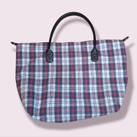 Plaid 🌞Flannel Weekender Duffel Faux Leather Handles XL Compartment - Picture 1 of 10